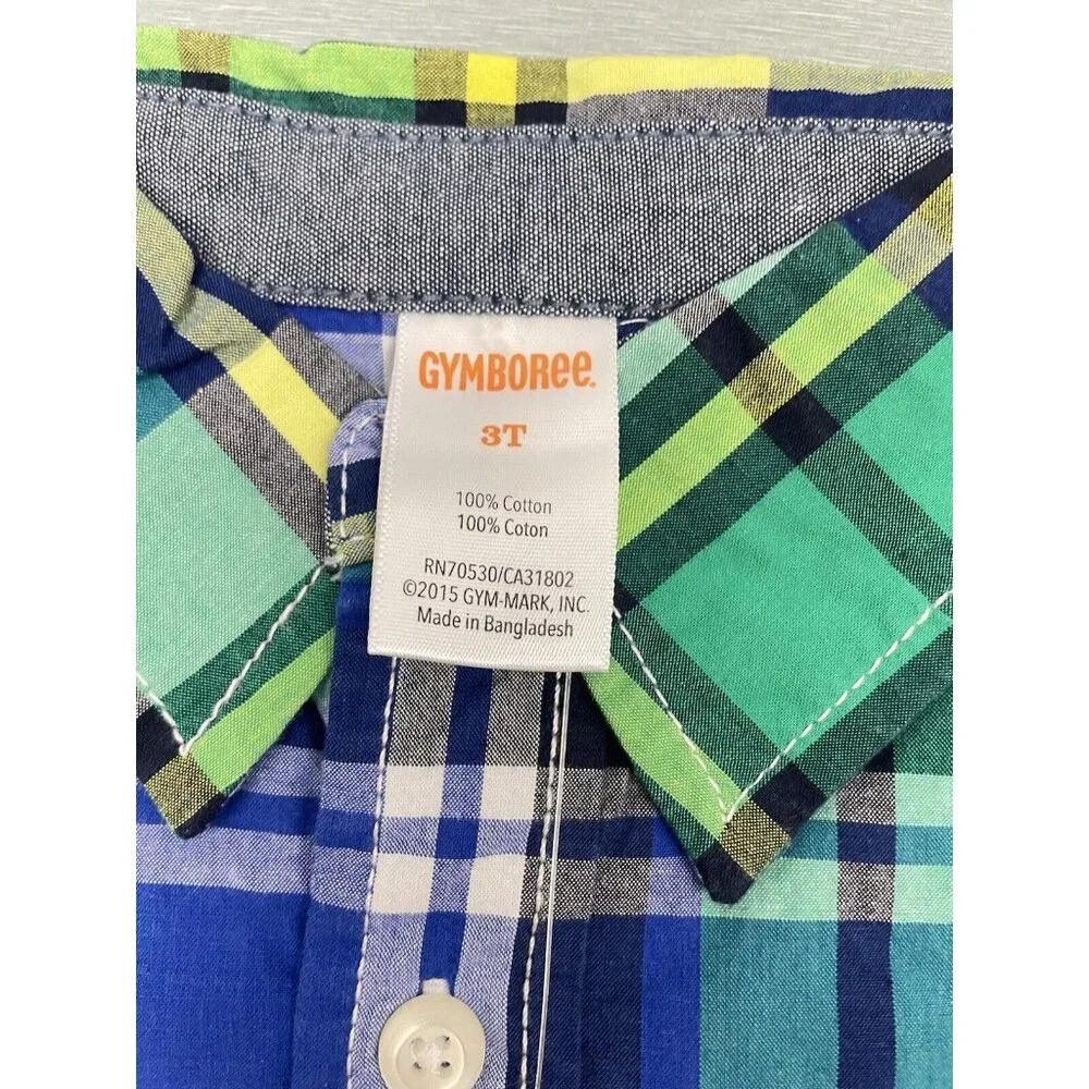 GYMBOREE Toddler Boy 2-Pcs Button Front Plaid Shirt 100% Cotton Blue/Green 3T - Picture 8 of 11